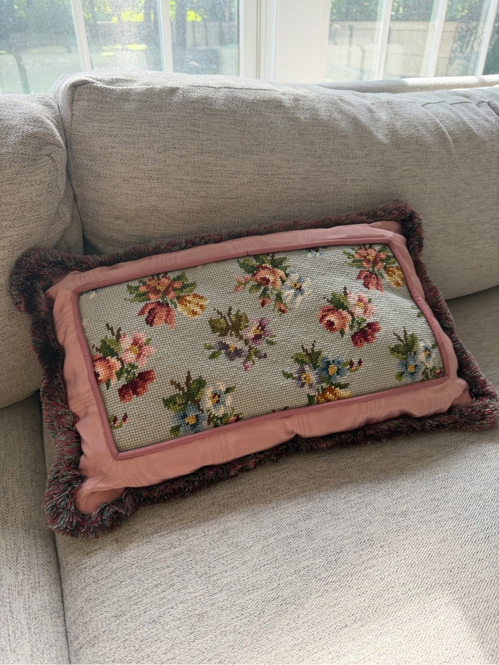 Vintage Floral Needlepoint Accent Pillow 20x12